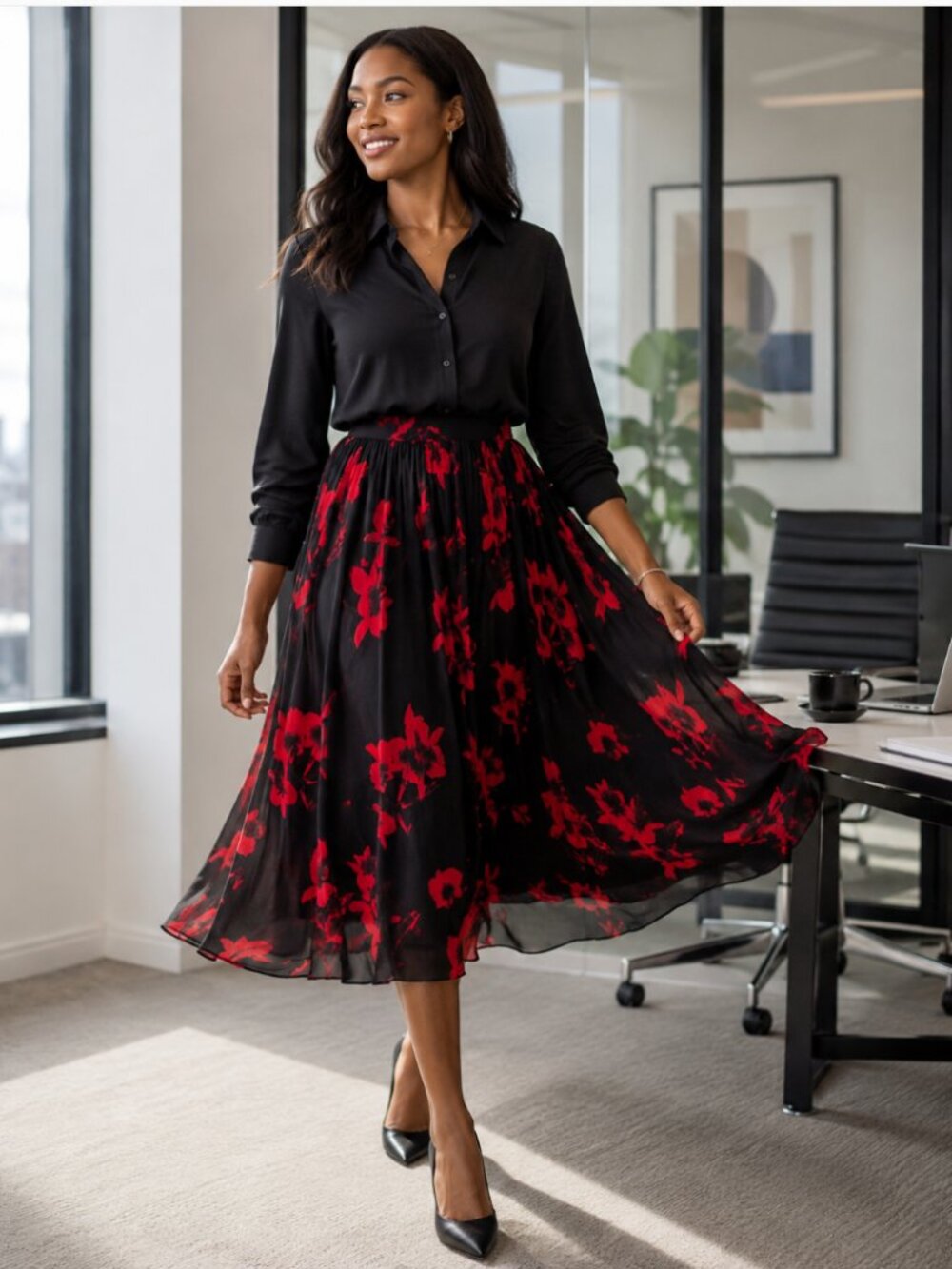 Venus Black Red Floral Chiffon Midi Skirt Size M